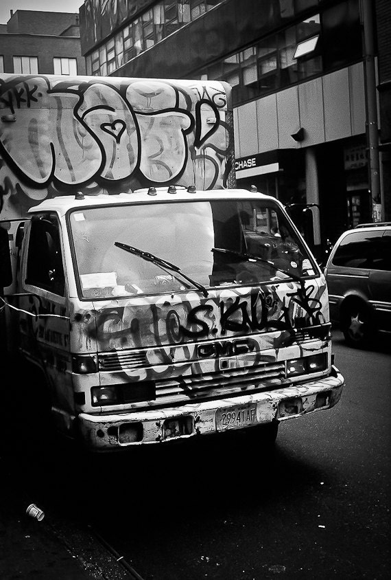 Urban decor delivery truck NYC graffiti tags gangs kids teens moving mark Billboard fine art photograph black and white