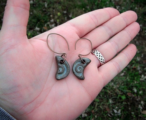 Crescent Moon Charm Earrings with spirals - Primitive Ceramic Earrings in Agate - Handmade copper ear wires - Moon Goddess, Wiccan Gift
