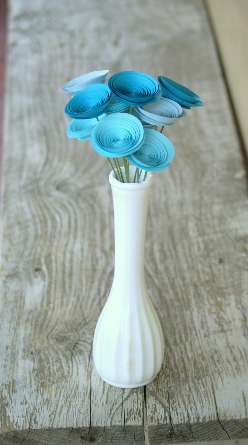 12 Aqua, Turquoise, and Seasalt Paper Flowers, Teal Centerpiece, Ocean Inspired Bouquet