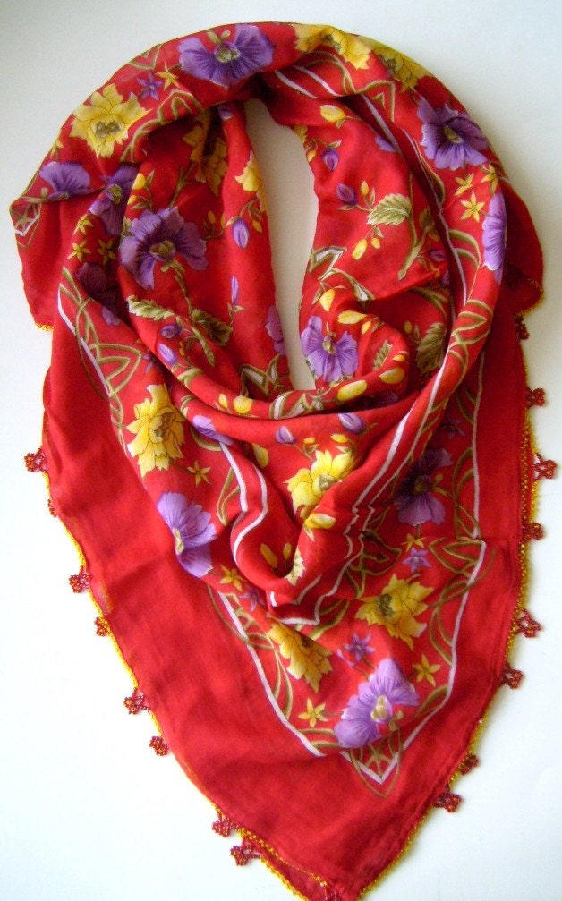 Traditional Red Scarf Turkish LaceWork Beaded Yemeni - Valentines Day Gift For Her