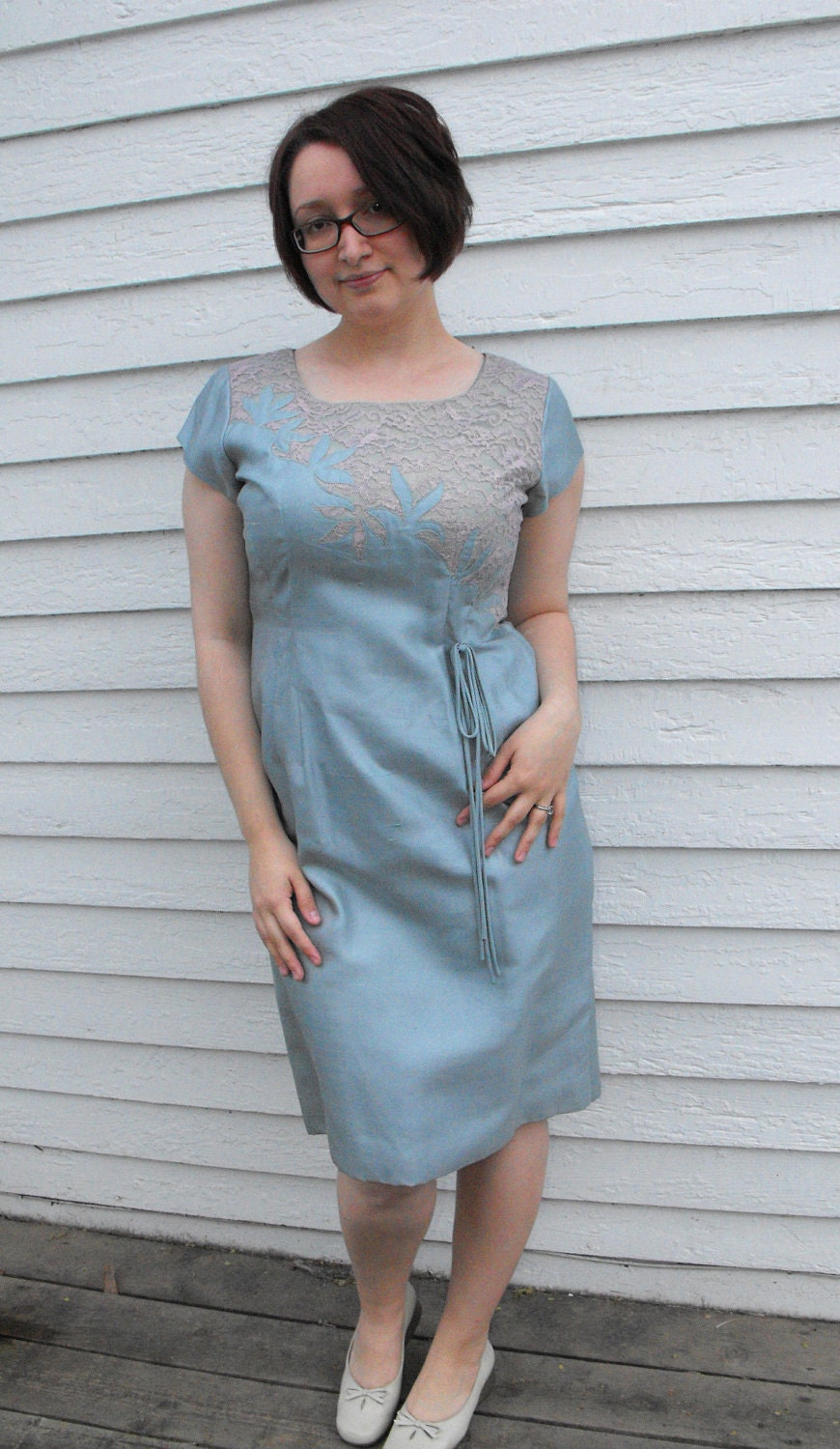 Vintage 60s Dress Blue Lace Mad Men 41 Bust 34 Waist L