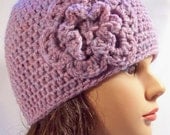 ladies cap women girls crochet hat beanie cloche lavender heather with flower youth to adult 5316