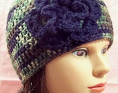 ladies flowered hat womens hat girls crochet hat beanie camouflage camo black flower army youth/adult 5942