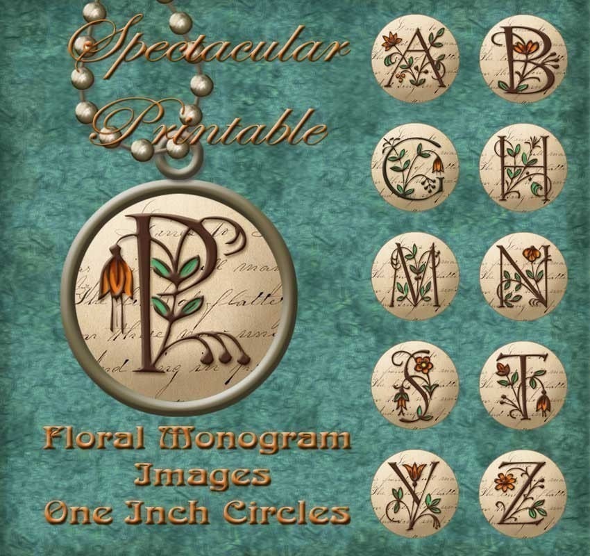 Circular 1" Digital Bottle Cap Images Chocolate Colored Monogram with Orange Flowers on vintage styled background Instant Download - C1-4001