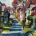 Oil Painting Landscape, American Street, Long Shadows. Original Plein Air Impressionist Painting