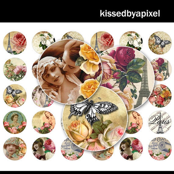 Vintage Altered Art Bottle Cap Images - 4x6 Digital Collage Sheet (No. 152) - 1 Inch Round Circles for Bottlecaps, Magnets, & So Much More