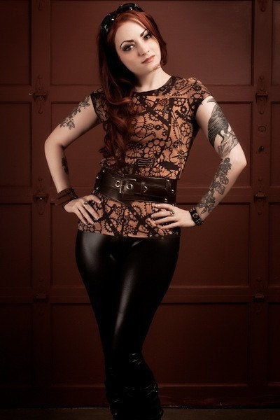 Steampunk Women's Baby Rib Black Crew Neck Tee Shirt