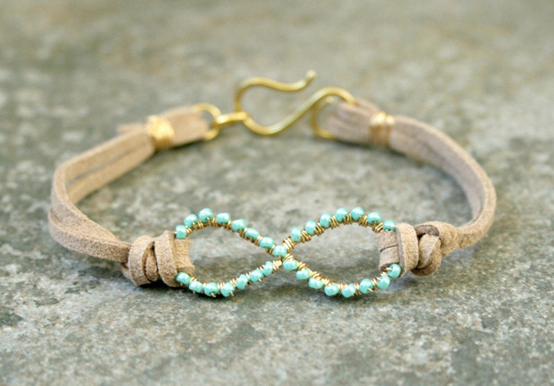 Turquoise Infinity Bracelet Wire Wrapped Gold Brass and Suede MADE TO ORDER - AhteesDesigns