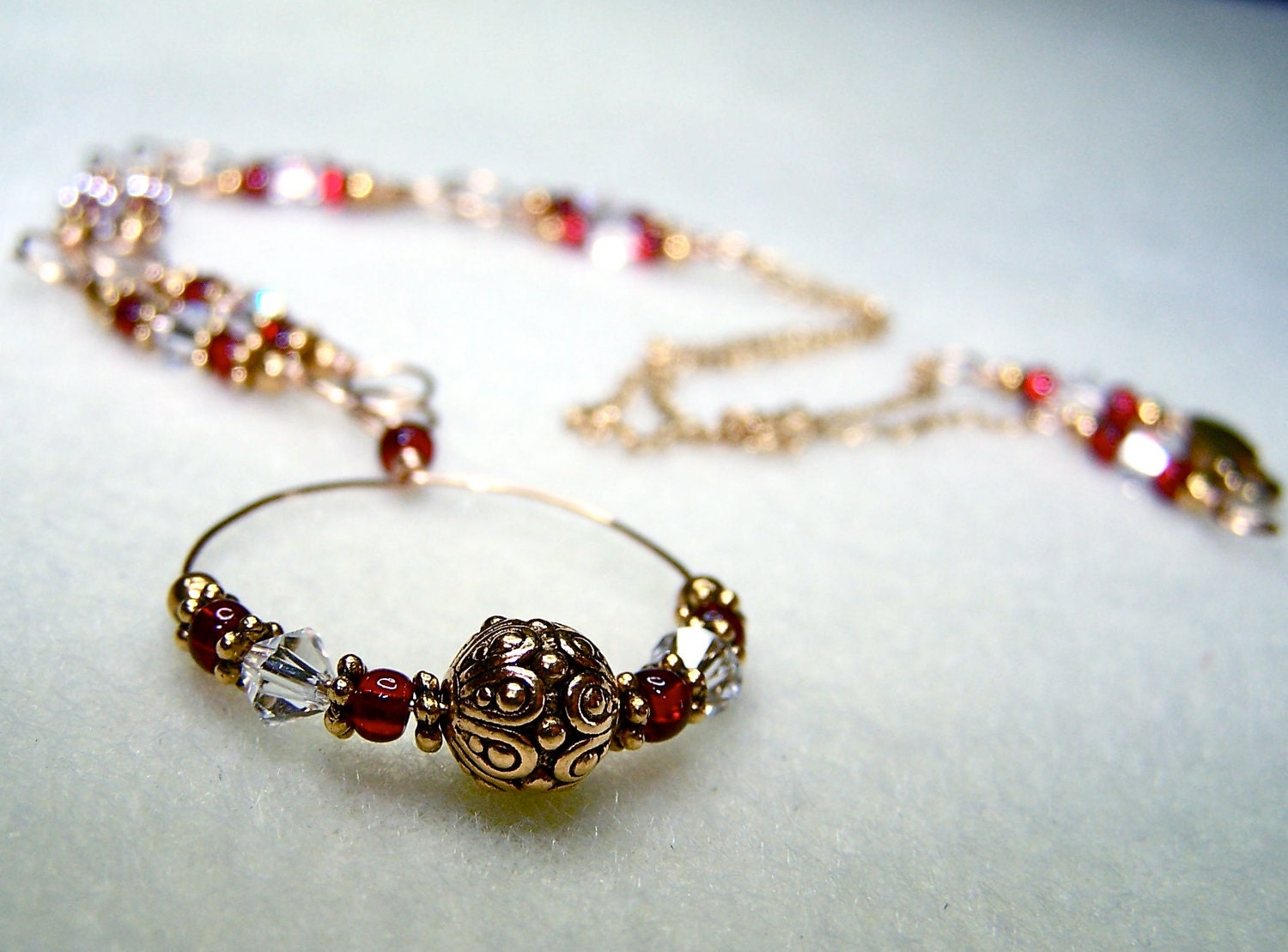 Red Jewelry - Necklace for Women - Red and Gold Beaded Necklace with Gold Chain and Hoop Pendant - 18 Inches - 46cm - Handmade