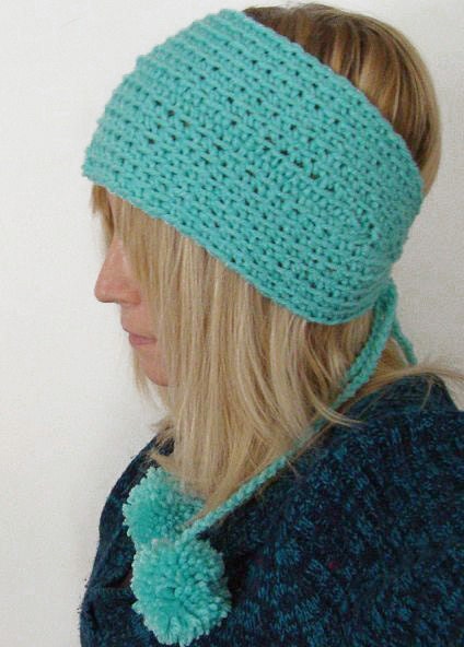 Crochet Wide   Head Warmer with Pom Poms