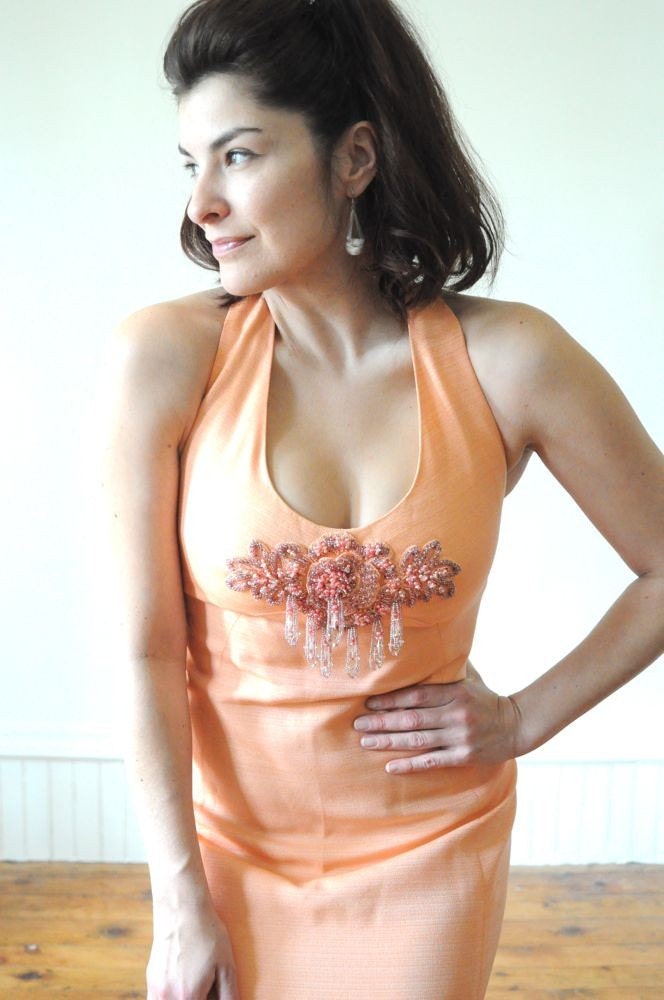 1960's BEADED HALTER DRESS  in Peach / Coral Long Maxi Goddess Dress / Vintage Gown / Hollywood Glamour Cocktail / Formal Dress