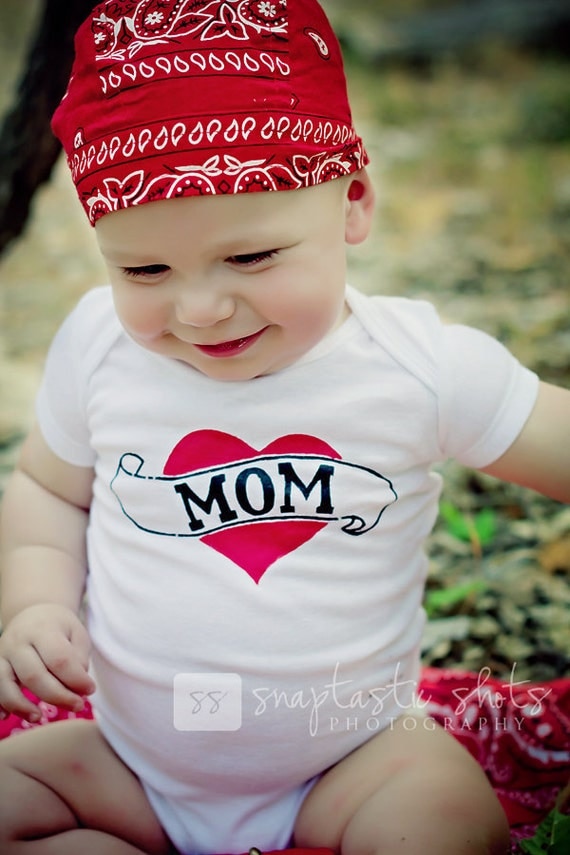 Handpainted Mom Tattoo Baby Bodysuit or Kid's T-Shirt (you pick the size) new mom gift - red and black