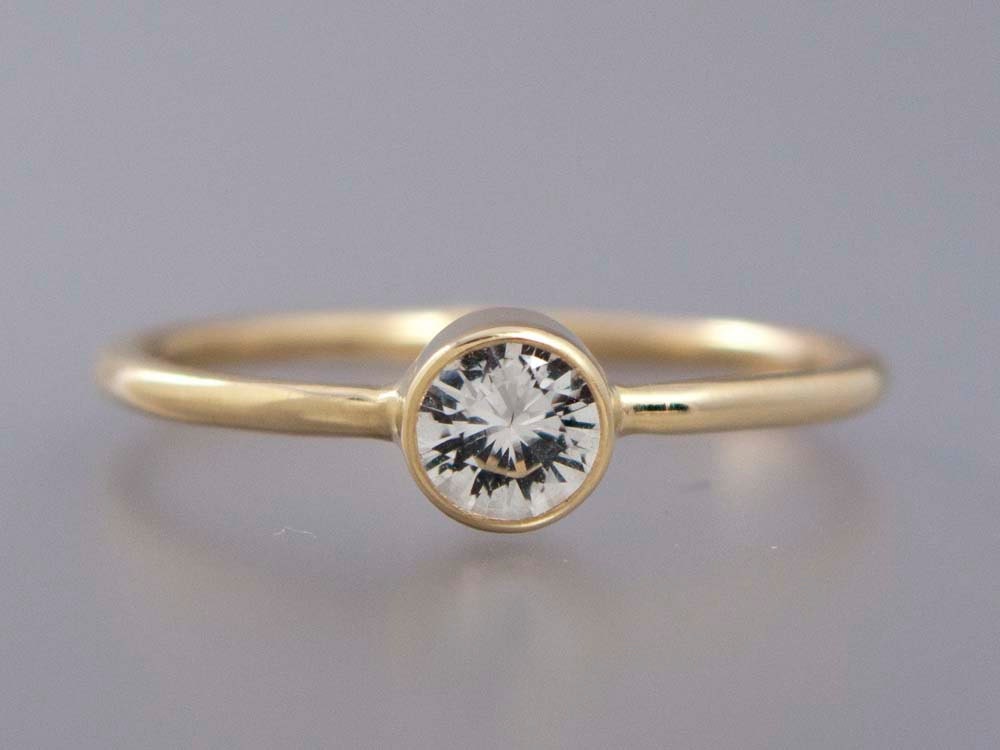 White Sapphire in 14k Yellow Gold Engagement Ring - 1.3mm Round 14k gold band - White Sapphire, Moissanite or Diamond