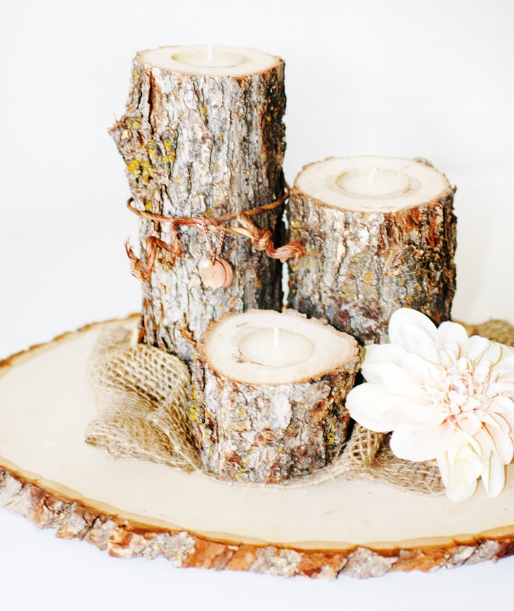 Rustic Wooden Log Votive Tea Light Candles SET OF 3 Natural, Woodland Centerpeice decorations