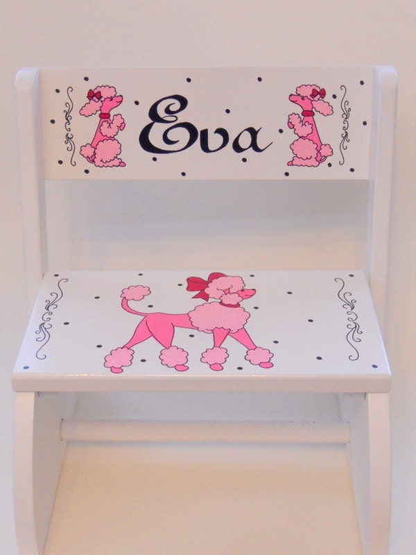 Personalized Flip Stool Pink French Poodle Dogs Black Polka Dots