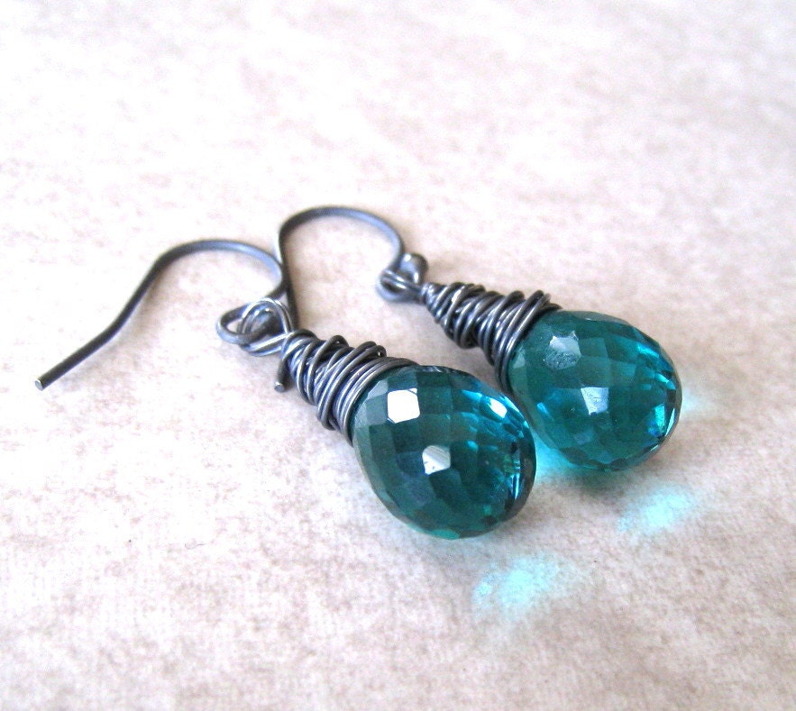 Teal Earrings Paraiba Quartz Dangle Tear Drop Briolette Sterling Silver Teal Stone Jewelry