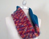 ON SALE Knit Cowl, Infinity Scarf, Red and Teal, Super Soft, Colorful, Multicolor, Bright