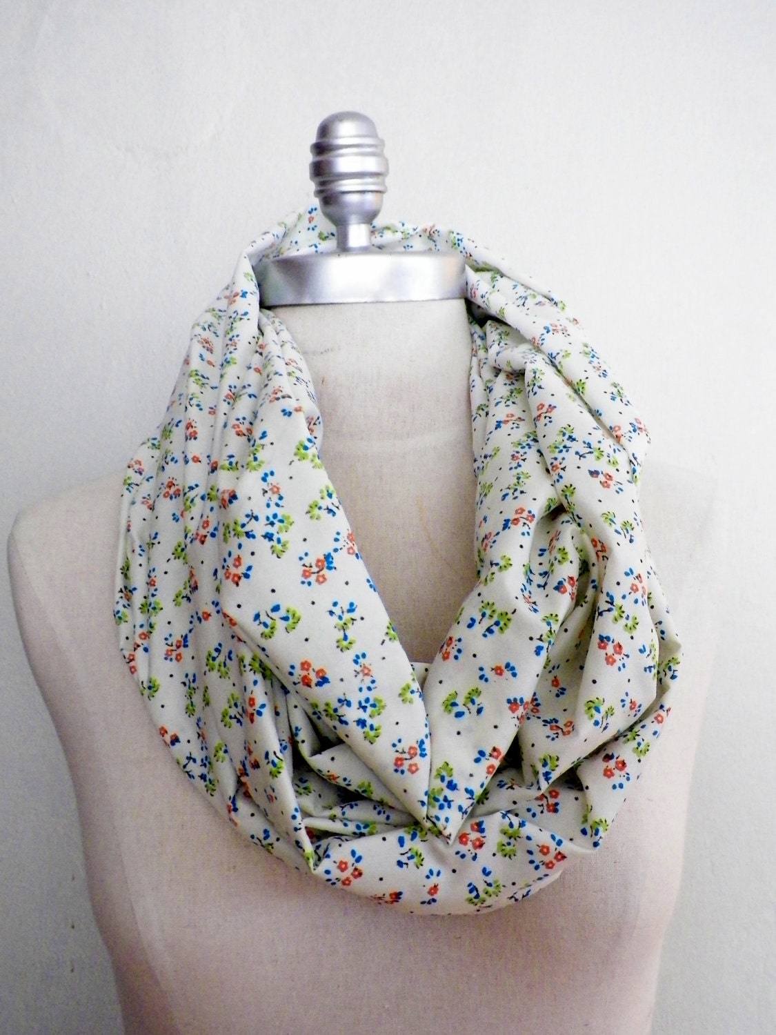 Infinity Scarf, Floral Print, Lightweight, Loop Scarf White with Vintage Inspired Tiny Flowers in Blue, Green, and Orange