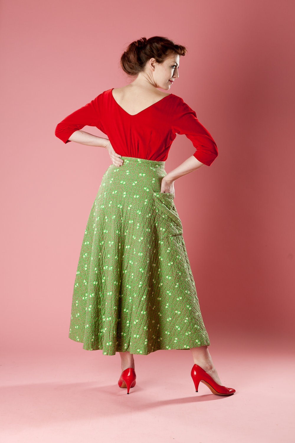 Vintage 1950s Quilted Skirt Green Floral Pocket Winter Fashions