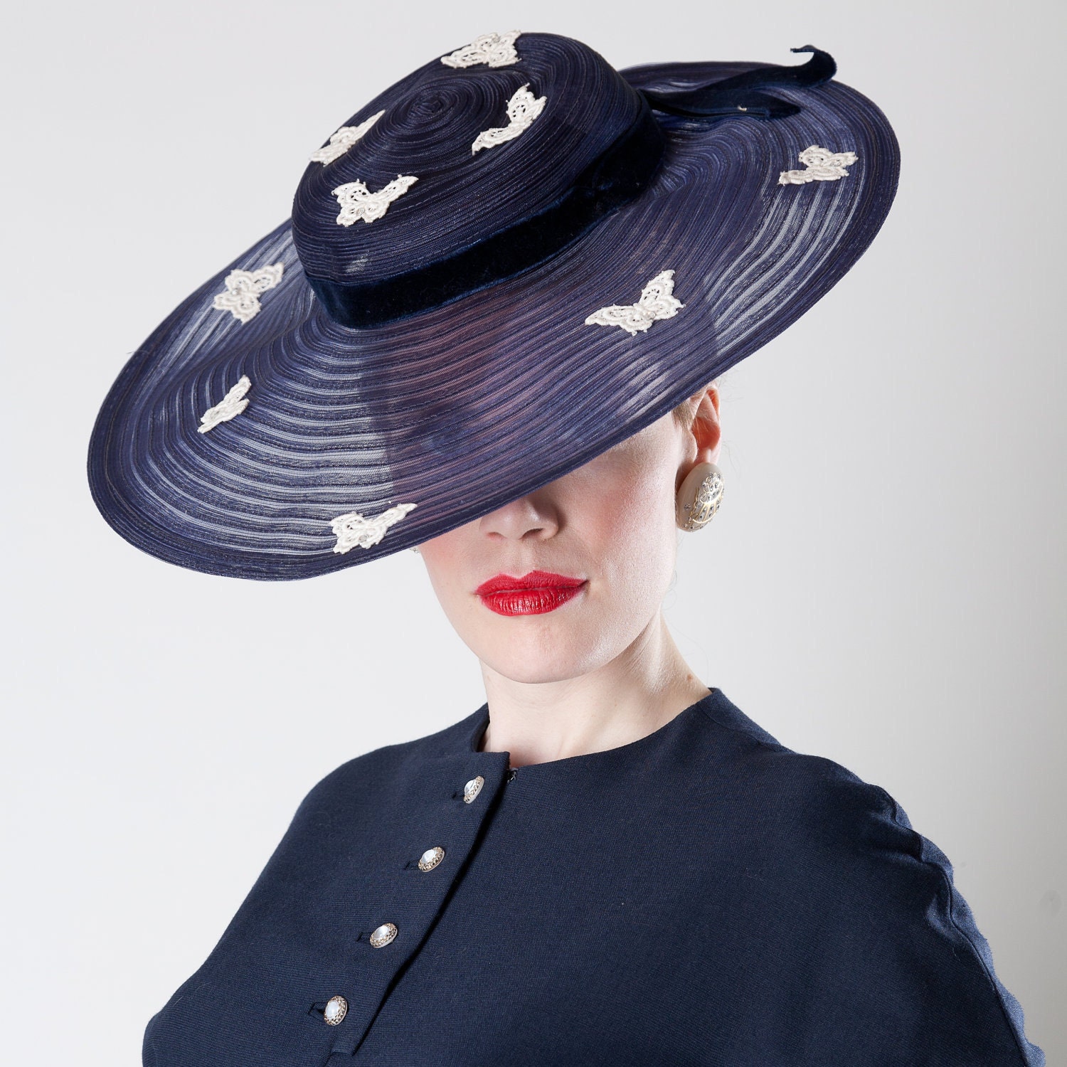 Vintage 1940s Hat Navy Horsehair Pancake Big Brim Kentucky Derby Fashions