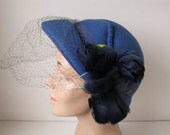 Vintage 1940s Hat Blue Wool 1950s Feather Flower Spring Fashions