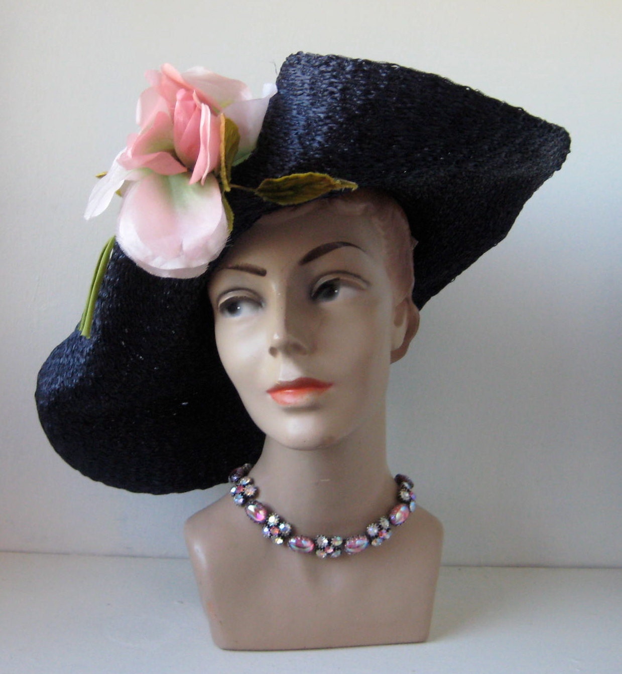 Vintage 1940s Straw Hat Big Brim 1950s Leslie James Derby Fashions