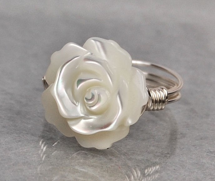 Wire Wrapped Ring- Sterling Silver with White Mother of Pearl Carved Rose/Flower- Any Size- Size 4, 5, 6, 7, 8, 9, 10, 11, 12, 13, 14