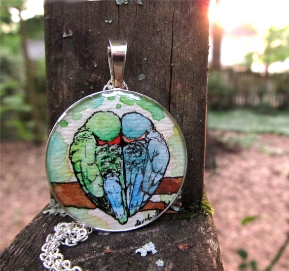 Snuggling Lovebirds silver necklace, wearable art jewelry, hand painted love bird necklace, watercolor pendant ONE OF A KIND