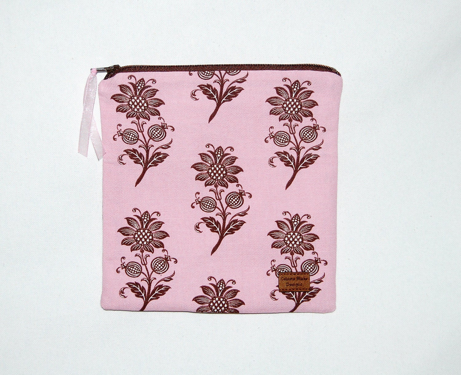 Brown Flowers on Pink - Sandwich Size Reusable Bag - Eco Friendly - Zippered Bag - Zipper Closure