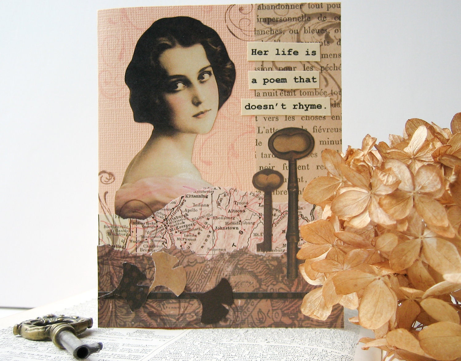 SALE Handmade Thinking of You Card - OOAK collage - peach, brown - Her life is a poem that doesn't rhyme - caring, friendship, get well