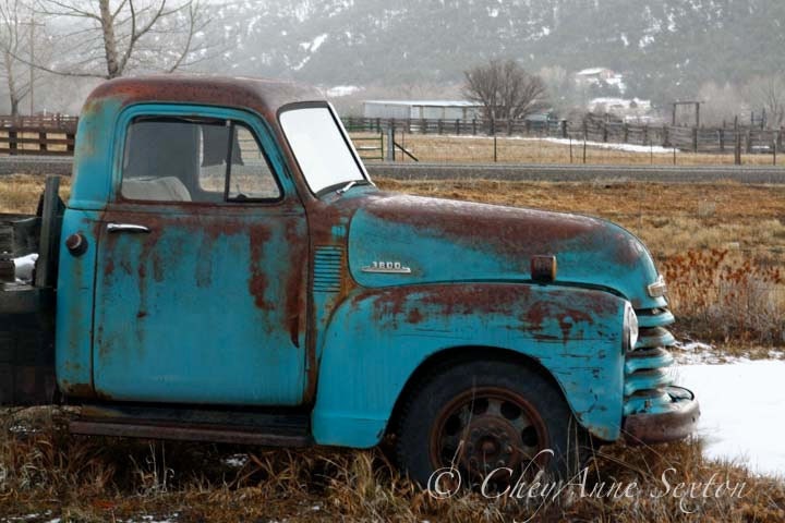 Old Chevy Winter Truck Art - Old Blue Farm Truck - Teal Chevy Vintage - Fine Art Home Decor - Photographic Print