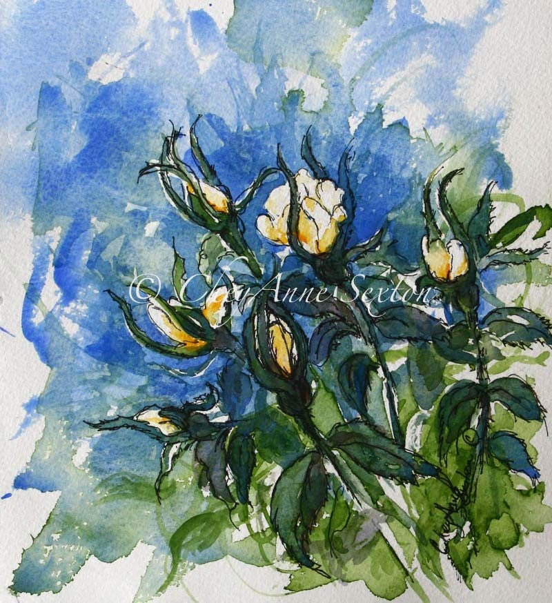 rose art - Golden White Yellow Zest Roses w emerald green - flower art - Mothers Day gift  original watercolour 7x8