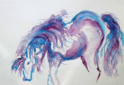 Blue Horse Purple Horse - Cerulean blue pony watercolor print - wall art decor - horse art