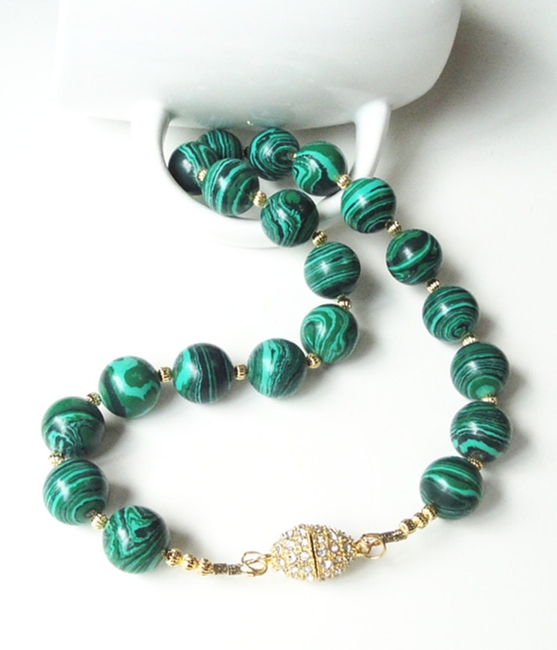 Malachite  Green  Round Gold Plated Rhinestone Magnetic Clasp Chuncky Necklace /One Of A Kind Piece