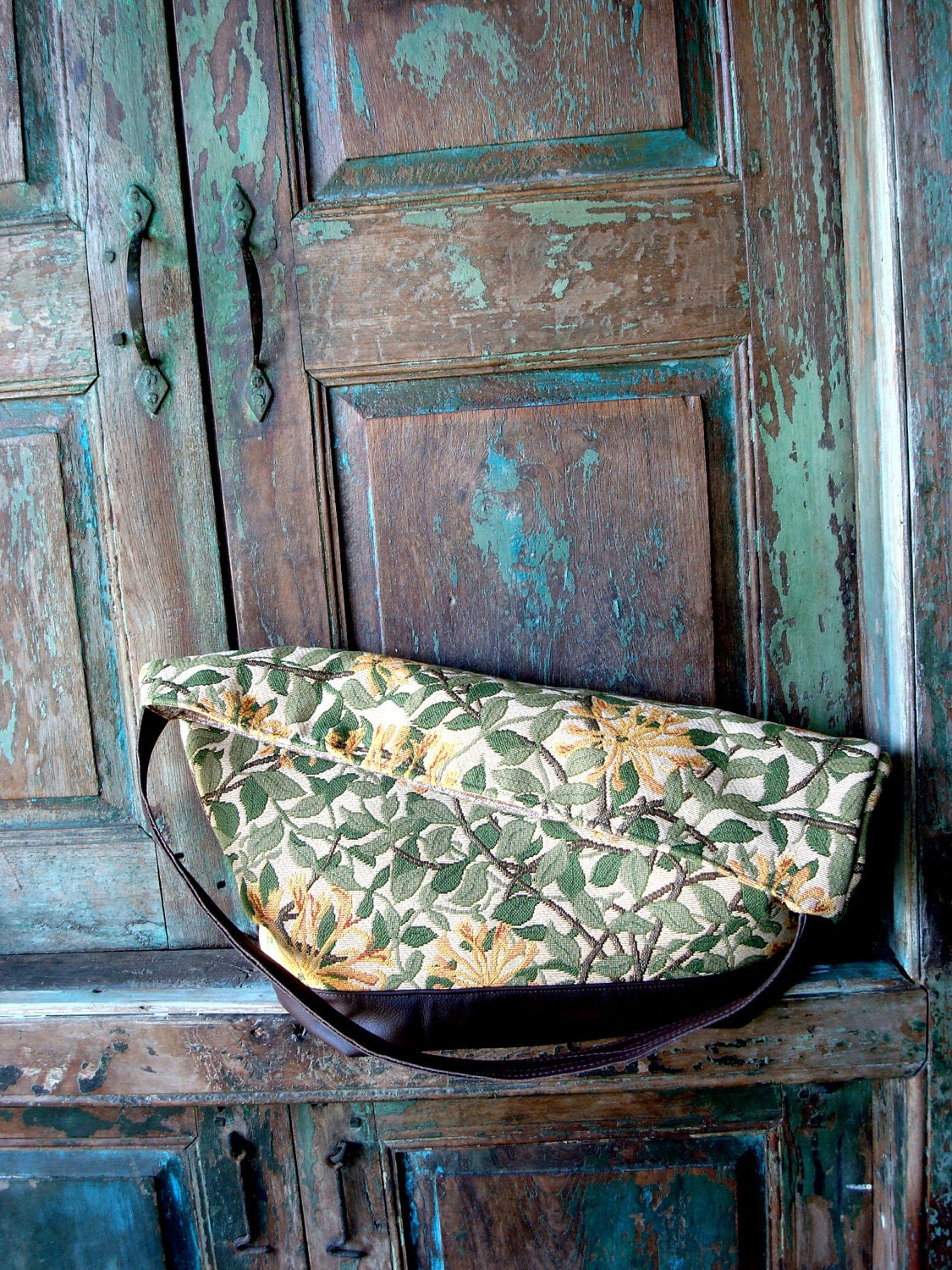 Handmade Brown Leather and Spring Inspired Floral Hobo