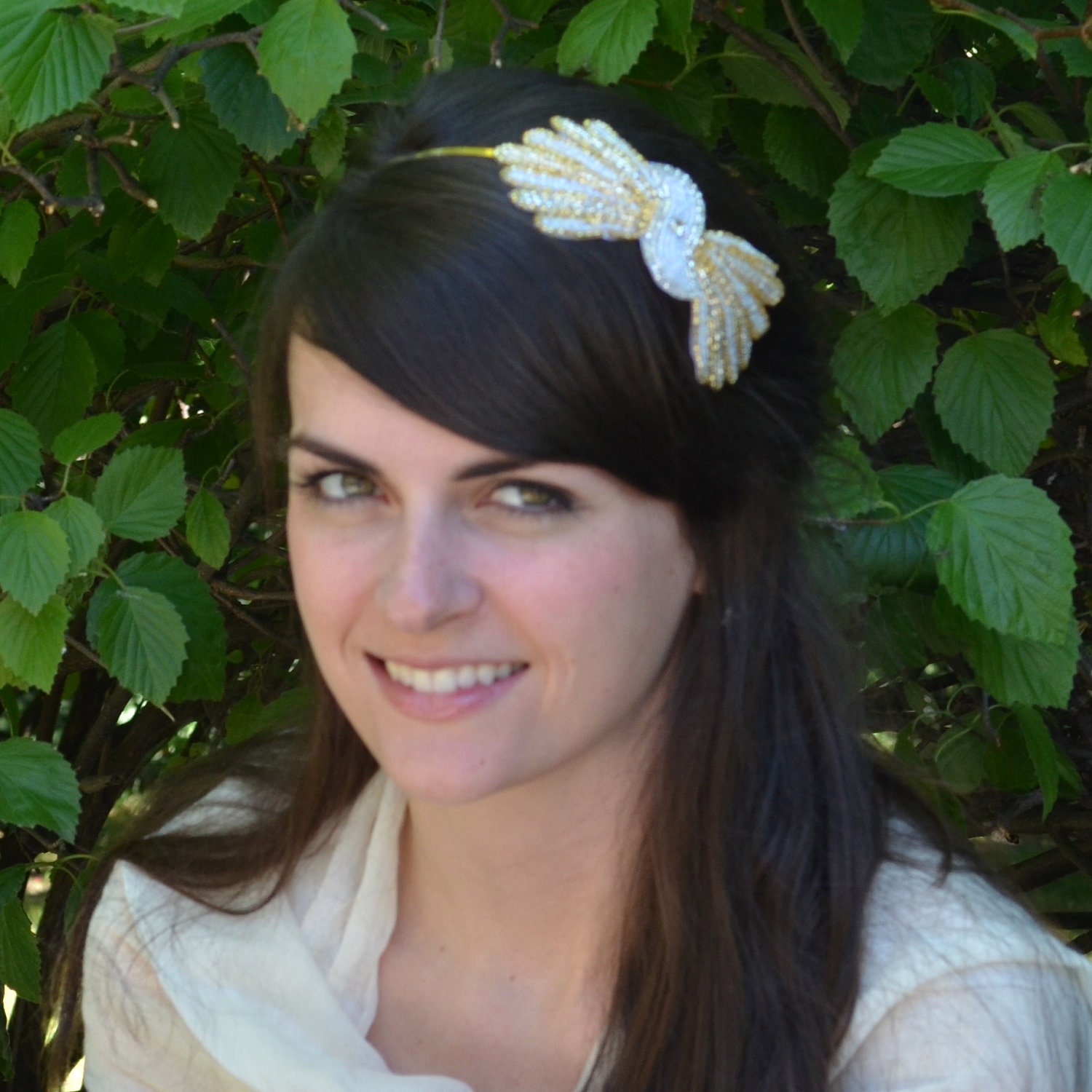 Sale-White Gold Beaded Headband Bird in Flight Headband for women and teens by Jill's Boutique