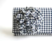 Clutch Checked Navy Blue  Clutch with Flower Handmade Mothers Day gift