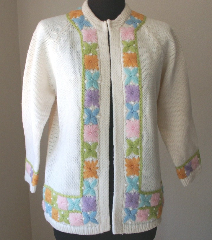 Vintage 60's Embroidered Cardigan Sweater, NOS,  Mad Men, Cream, Lavender, Pink, Aqua, Green, Orange,  Small to Medium