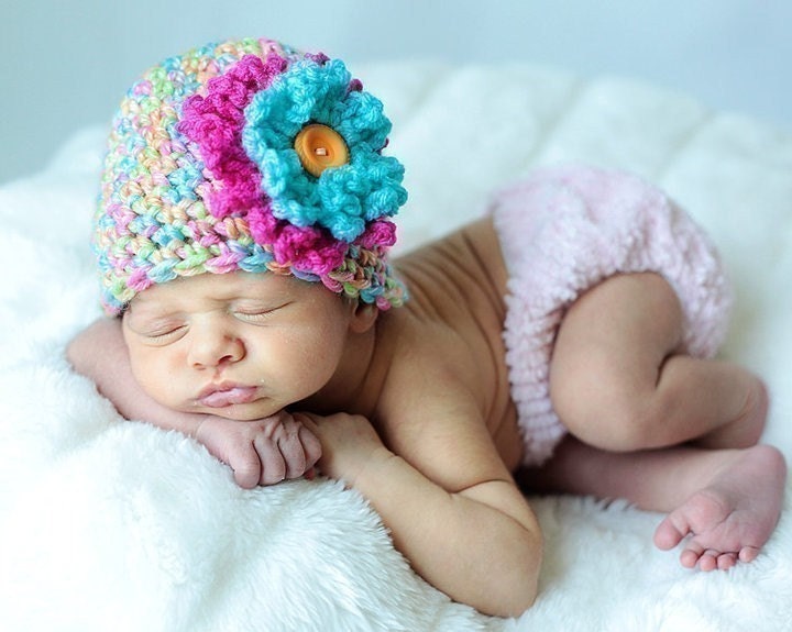 PDF Cotton Candy Beanie with Loop Flowers Crochet PATTERN All sizes included