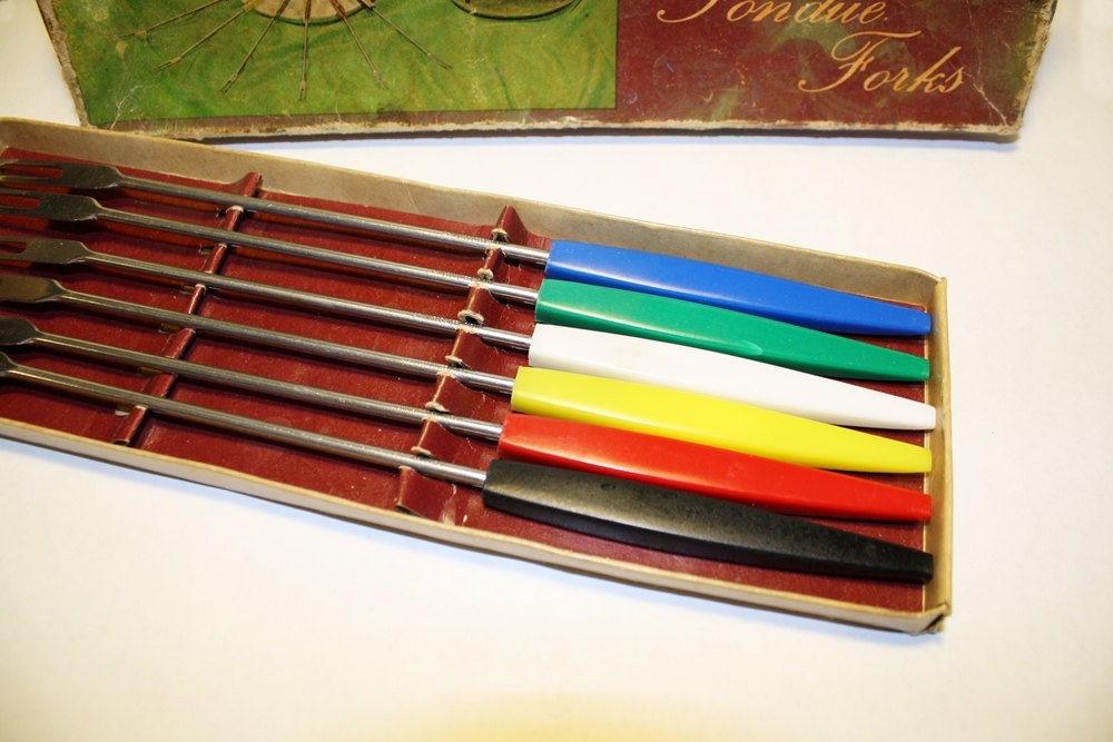 Retro Fondue Forks, Set of 6 in Box, Color Coded, Mad Men, Fondue Party