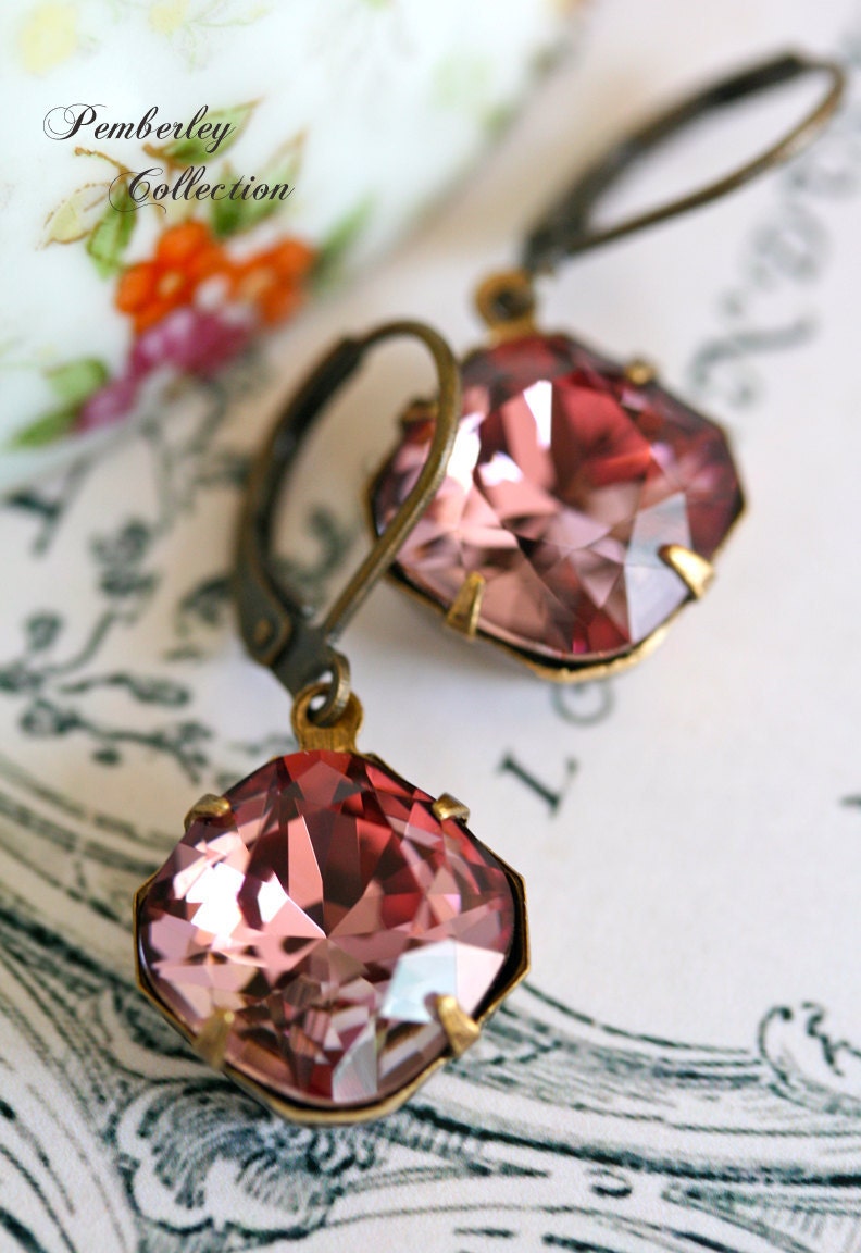 Pink Swarovski Crystal Earrings, Cushion Cut, Estate Style Earrings, Antique Pink