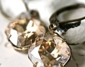 Champagne Swarovski Crystal Earrings, Cushion Cut, Estate Style Earrings