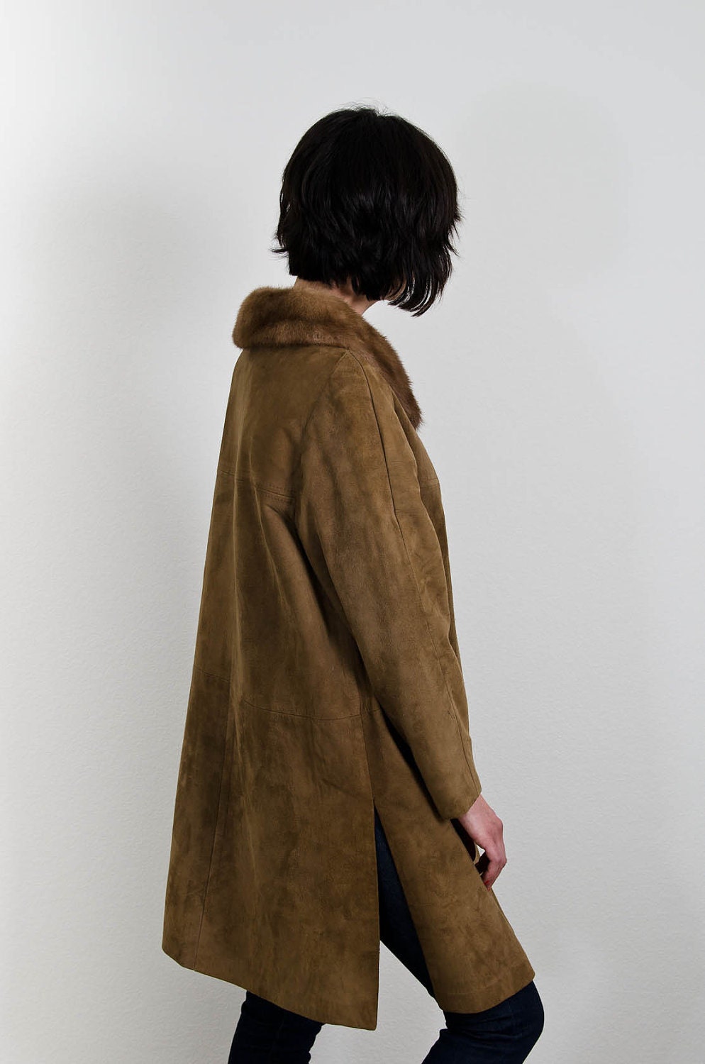 vintage brown twinface sheepskin leather long mod coat with mink fur collar