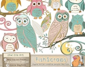 Owl Clip Art -  Owl ClipArt - Vintage Style Digital Graphics -  Whimsical FolkArt - HandDrawn in Illustrator - Commercial - Wispy