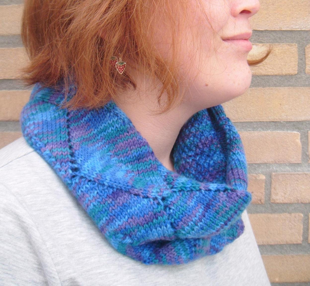 Cowl Scarf, Diamond Openwork Pattern - Denim Blue, Purple, Dark Green, Light Blue melee