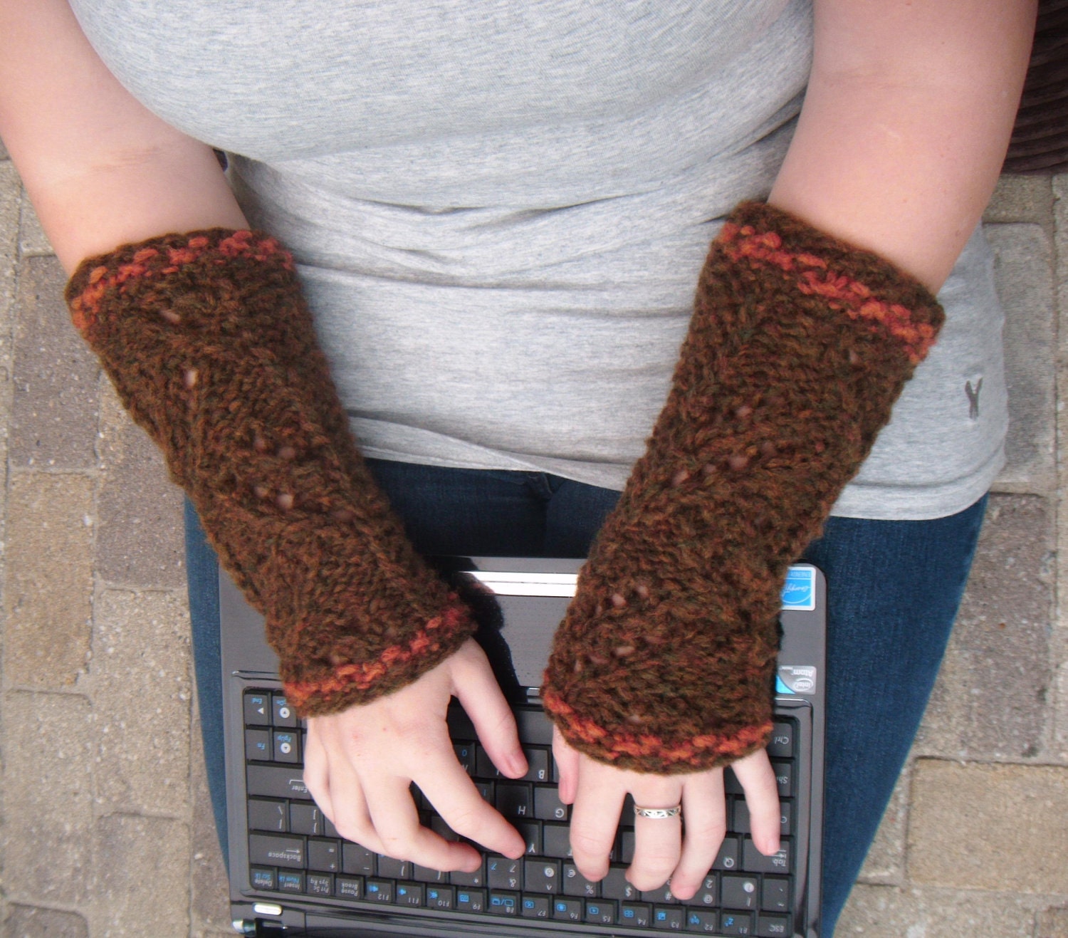 Knit Arm Warmers, Branch Pattern, One Of A Kind, Women - Forest Brown melee and Autumn Orange