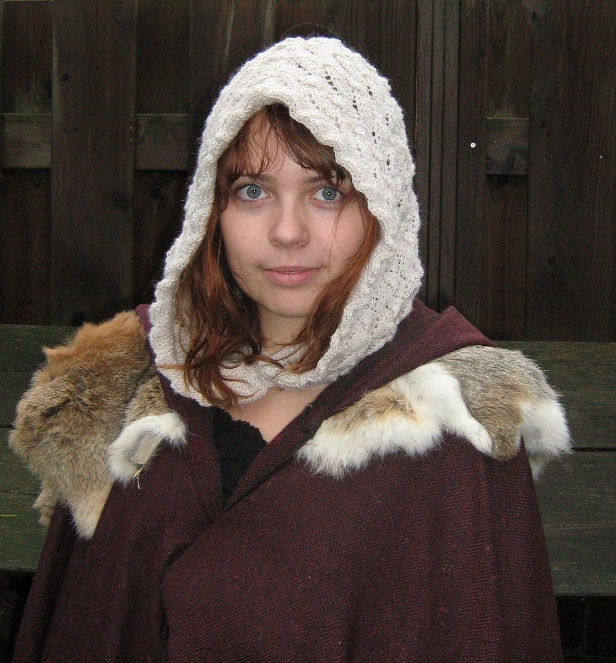 Lace Hood, Hand Knit, Cosplay, LARP, SCA, Renaissance Faire Costume - Light Beige, Off White