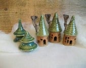 Fairy Garden Houses with Trees - 3 Houses and 2 Pine Trees, Handmade on the potters wheel
