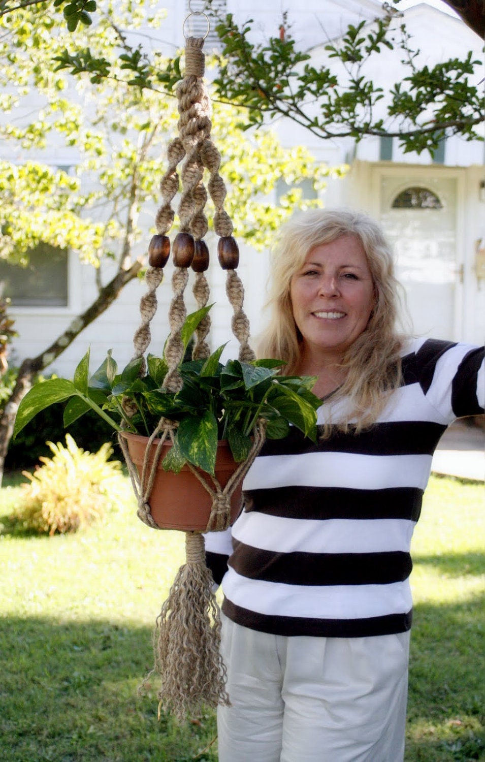 Macrame Plant Hanger- Hanging Planter- Wendy- Natural Jute Upcycled Handmade- Custom- Made to Order