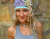 BOHO FLOWER purple BEANIE hat with interwoven Headband hat crochet cotton hat hippie gypsy funky Fairy hat